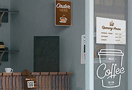 Cafe with custom printed with window decals, retail wobbler and flanged signs