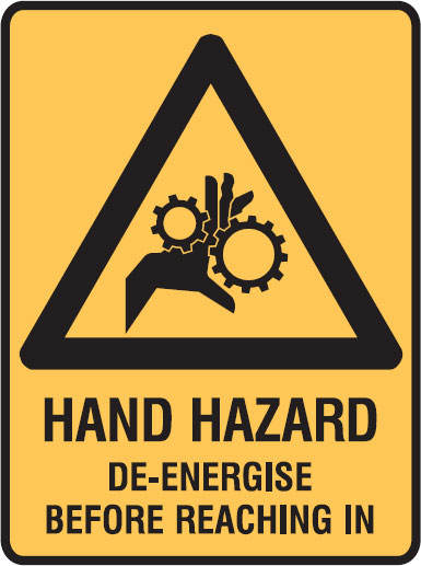 Small Labels - Hand Hazard De-Energise Before Reaching In