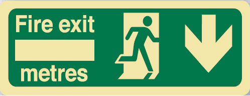Luminous Emergency Exit and Evacuation Sign - Fire Exit ___ Metres (with Picto and Down Arrow) - 450x180mm LUM SS