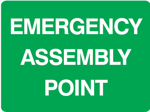Emergency Exit and Evacuation Sign - Emergency Assembly Point, 900mm (W) x 600mm (H), Metal