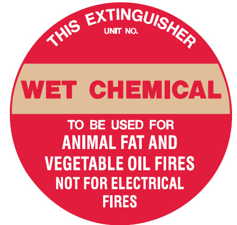 Fire Extinguisher Signs - Wet Chemical Fire Extinguisher, 200mm Dia, Self Adhesive Vinyl