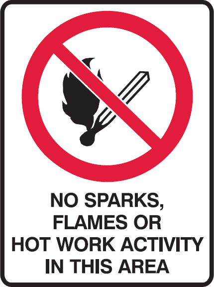 Prohibition Signs - No Sparks, Flames Or Hot Work Activity In This Area