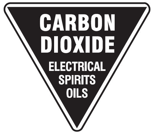 Fire Extinguisher Signs - Carbon Dioxide Electrical Spirits Oils, 250mm Triangle, SetonGlo Adhesive