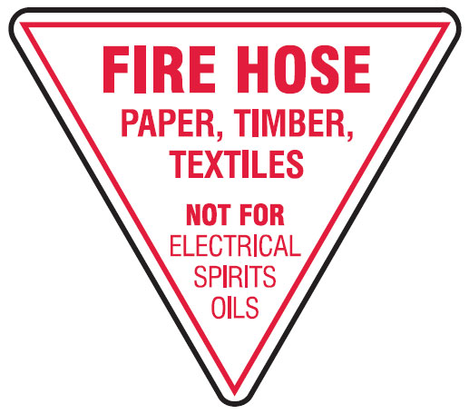 Fire Hose Signs - Paper, Timber, Textiles, 250mm Triangle, Self Adhesive Vinyl