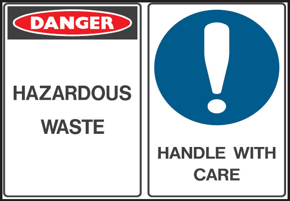 Multiple Warning Signs  - Hazardous Waste/Handle With Care