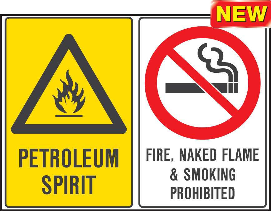 Multiple Warning Signs  - Petroleum Spirit/Fire, Naked Flame & Smoking Prohibited