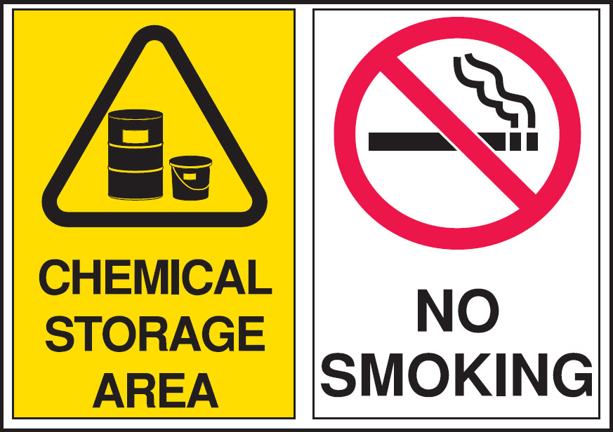 Multiple Warning Signs  - Chemical Storage Area/No Smoking