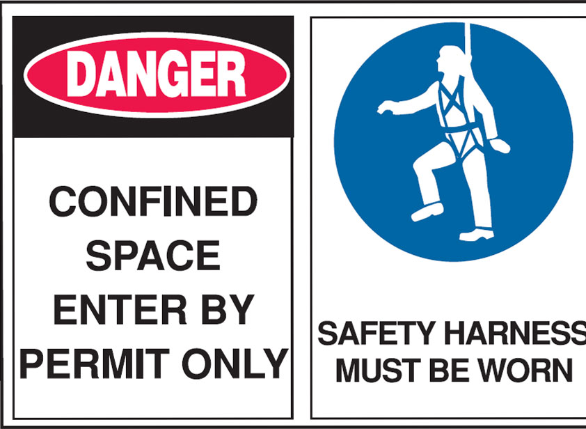 Multiple Warning Signs  - Confined Space Enter By Permit Only/Safety Harness Must Be Worn