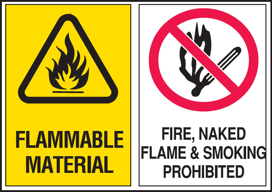 Multiple Warning Signs  - Flammable Material/Fire, Naked Flame & Smoking Prohibited