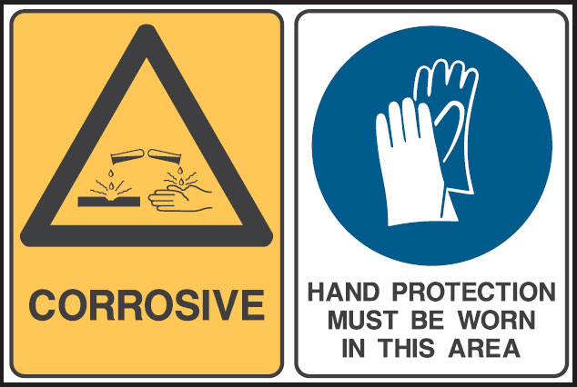 Multiple Warning Signs  - Corrosive/Hand Protection Must Be Worn