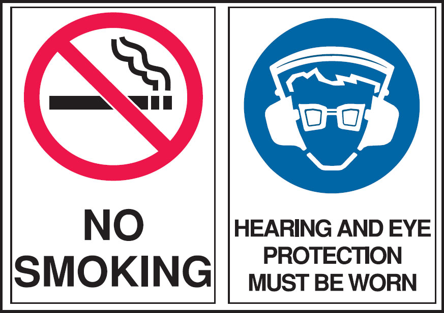 Multiple Warning Signs  - No Smoking/Eye Protection Must Be Worn