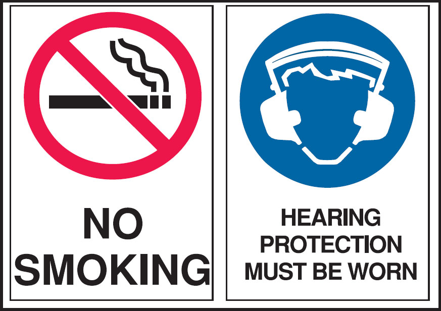 Multiple Warning Signs  - No Smoking/Hearing Protection Must Be Worn