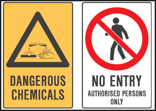 Multiple Warning Signs  - Dangerous Chemicals/No Entry Authorised Persons Only