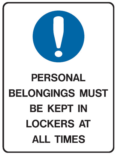 Kitchen & Food Safety Signs - Personal Belongings Must Be Kept In Lockers At All Times