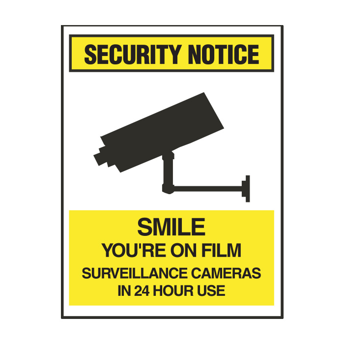 Security Notice Sign - Smile you're on film surveillance cameras in 24 hour use - 180x250mm SS