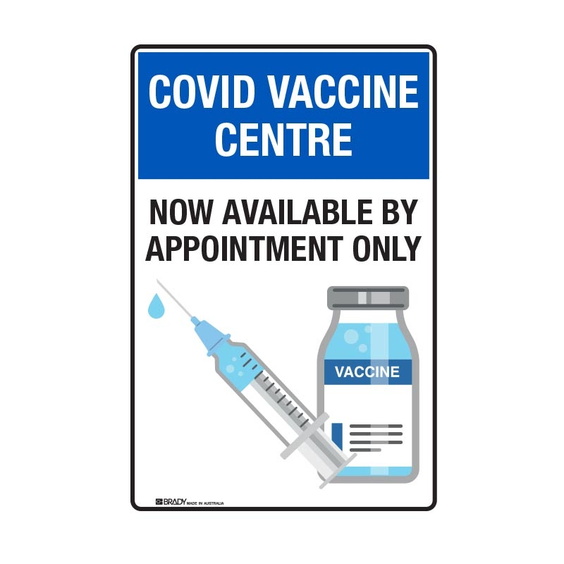 COVID Vaccine Centre by Appointment Only Sign, 250 x 180mm - Self Adhesive Vinyl