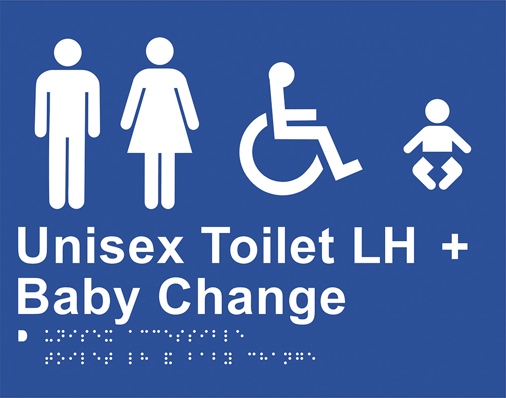 Braille Sign - Unisex Toilets LH + Baby Change, ABS Plastic, 220 x 280mm