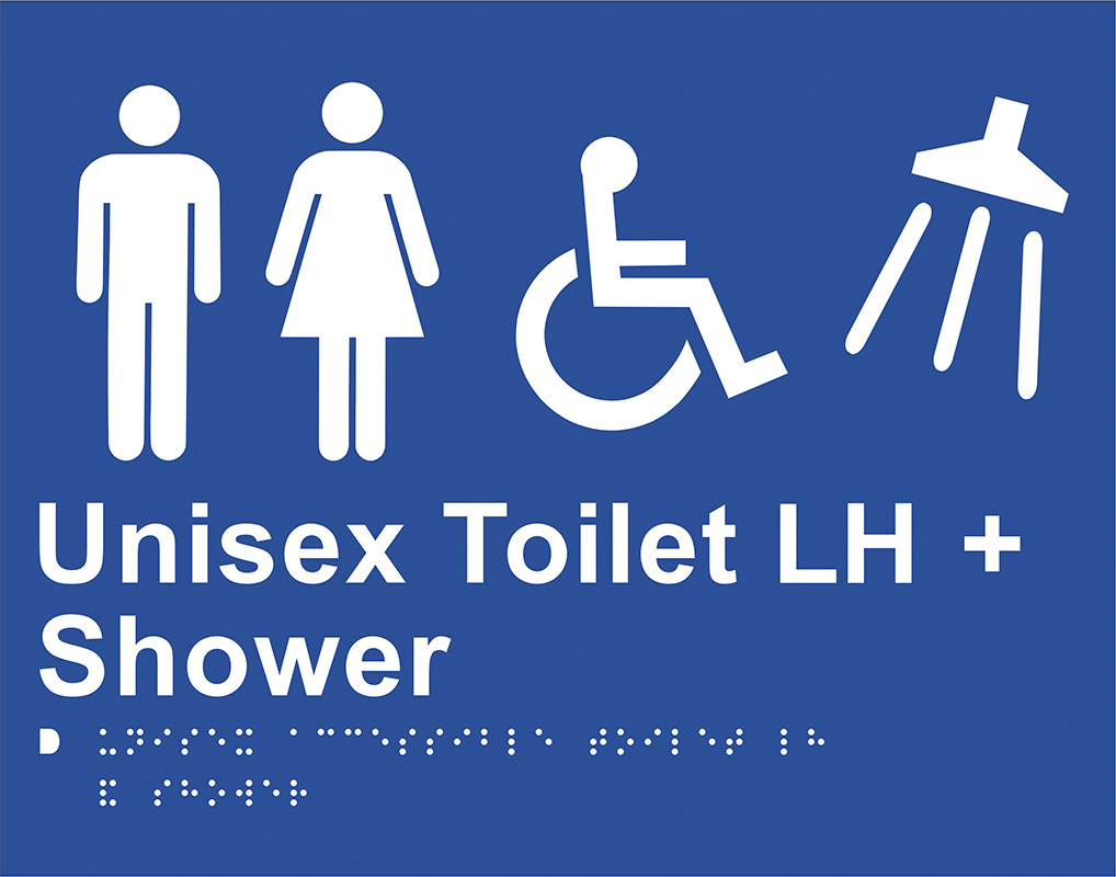 Braille Sign - Unisex Toilet LH + Shower, 280 x 220 mm