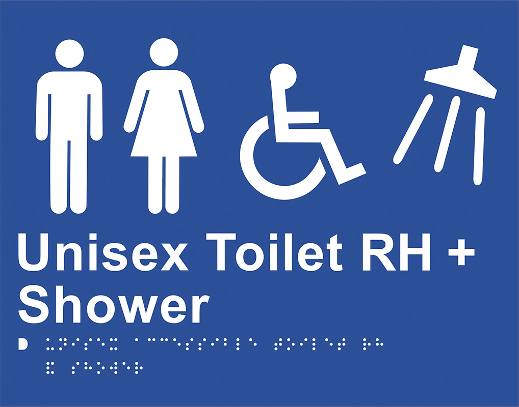 Braille Sign - Unisex Toilet RH + Shower, 280 x 220 mm