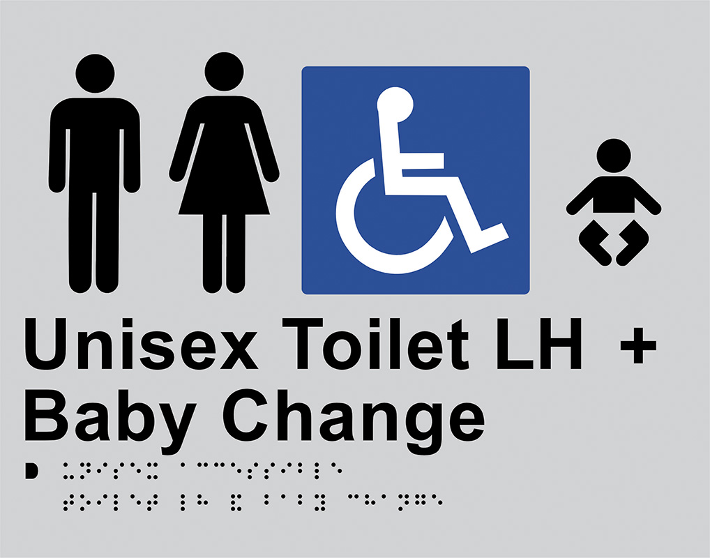 Braille Sign - Unisex Toilets LH + Baby Change, Anodised Aluminium, 220 x 280mm