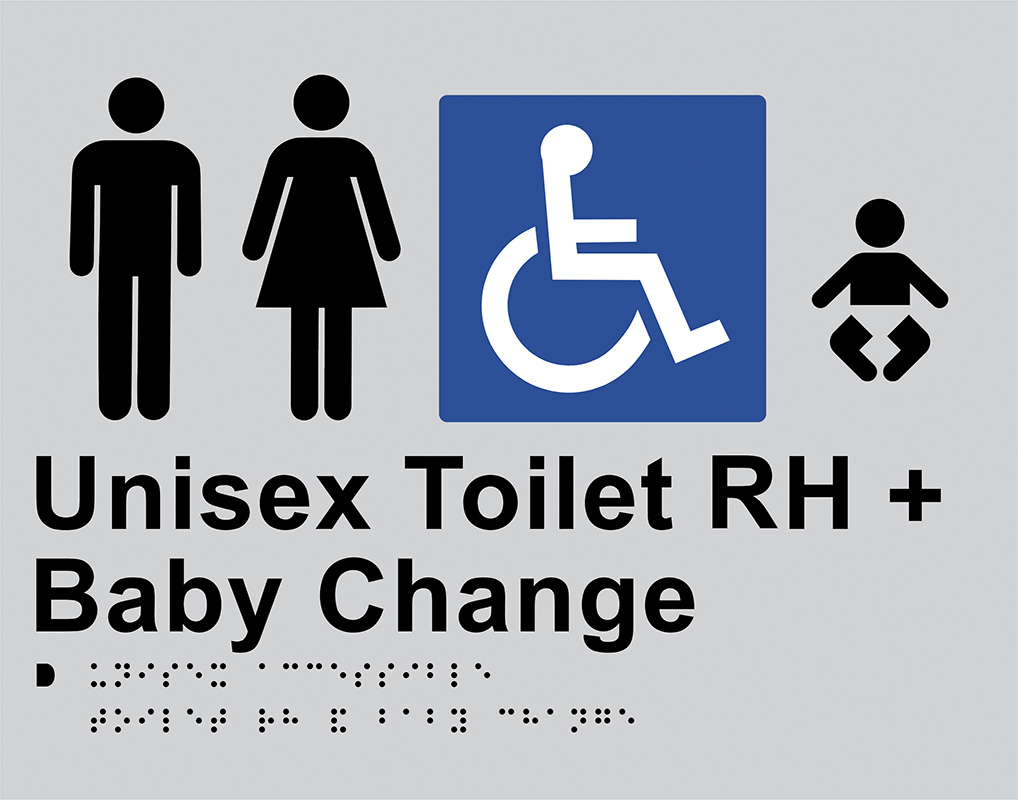 Braille Sign - Unisex Toilets RH + Baby Change, Anodised Aluminium, 220 x 280mm
