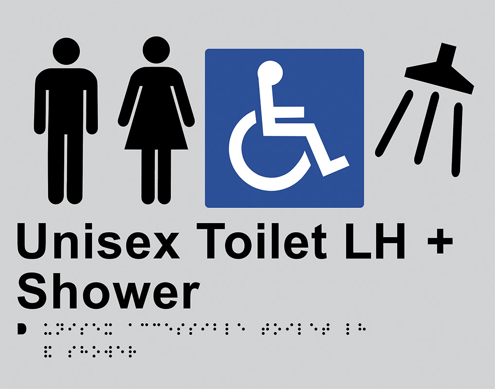 Braille Sign - Unisex Toilet LH + Shower, Anodised Aluminium, 280 x 220 mm