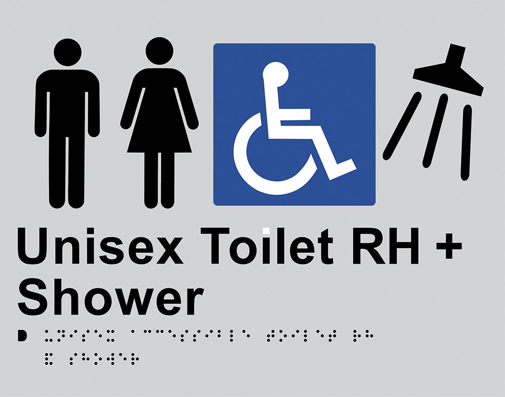 Braille Sign - Unisex Toilet RH + Shower, Anodised Aluminium, 280 x 220 mm