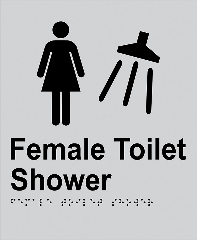 Braille Sign - Female Toilet Shower, Anodised Aluminium, 220 x 180mm