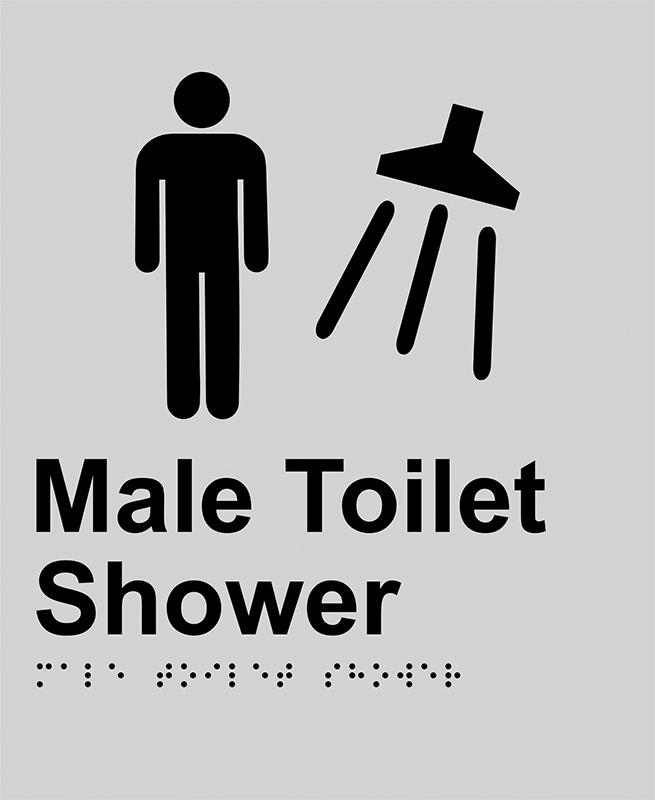 Braille Sign - Male Toilet Shower, Anodised Aluminium, 220 x 180mm
