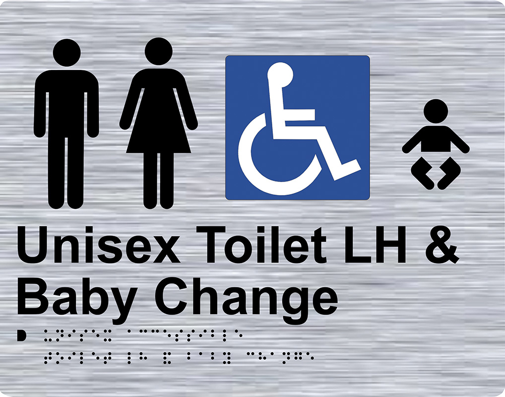 Braille Sign - Unisex Toilets LH + Baby Change, Stainless Steel, 220 x 280mm