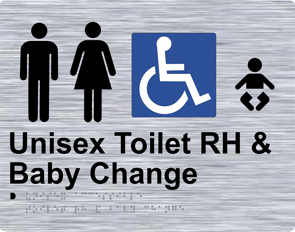 Braille Sign - Unisex Toilets RH + Baby Change, Stainless Steel, 220 x 280mm