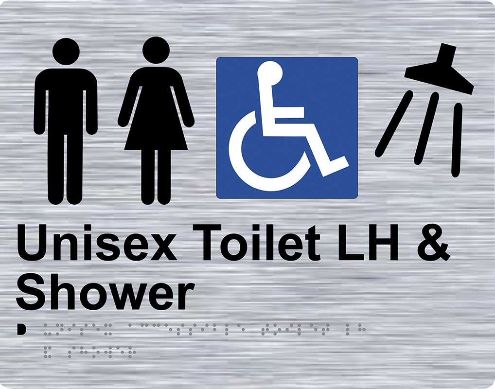 Braille Sign - Unisex Toilet LH + Shower, Stainless Steel, 280 x 220 mm
