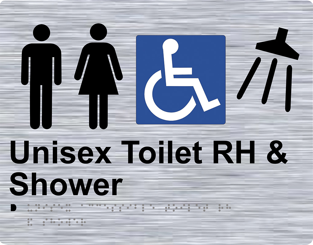 Braille Sign - Unisex Toilet RH + Shower, Stainless Steel, 280 x 220 mm