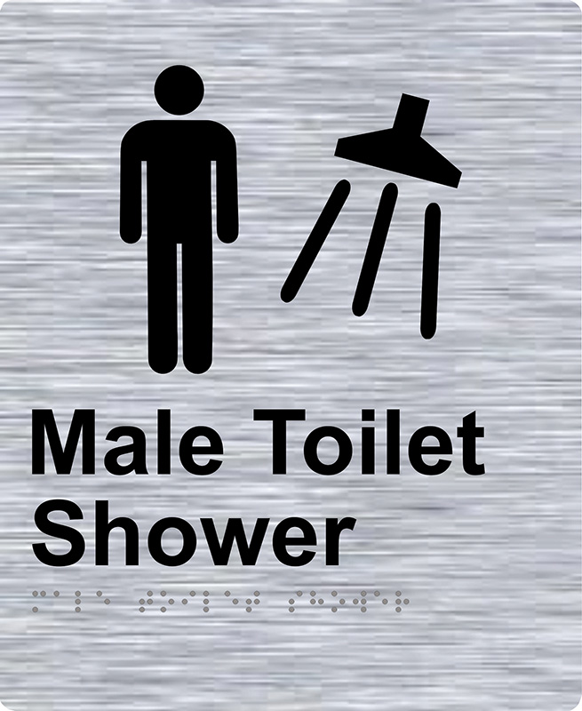 Braille Sign - Male Toilet Shower, Stainless Steel, 220 x 180mm