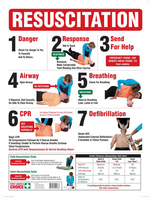 Emergency Information Sign - Cardiopulmonary Resusitation (CPR) with Step-by-Step Instructions - 450x600mm POLY