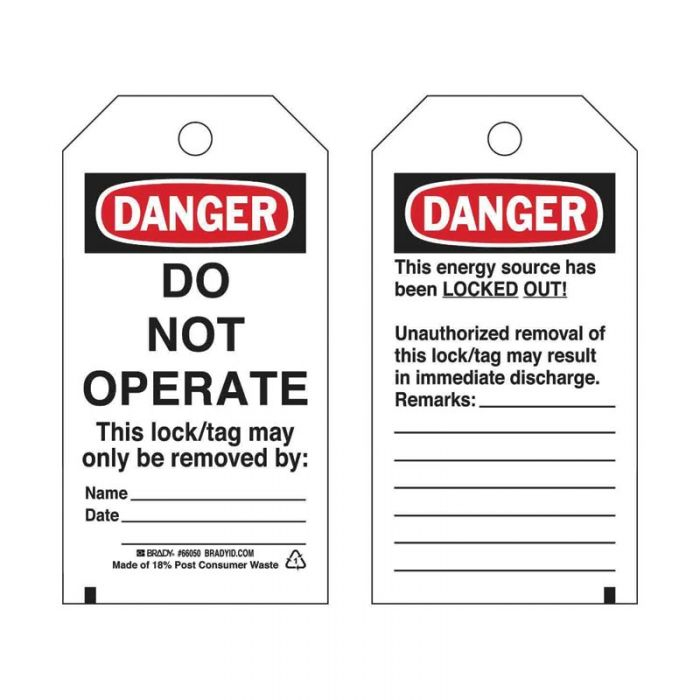 Lockout Tags - Danger Unauthorised Removal, Reverse Side, 76mm (W) x 144mm (H), Economy Polyester, Pack of 25