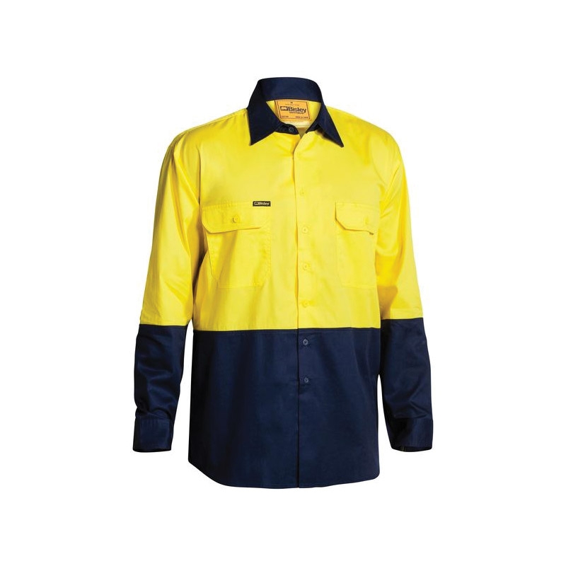 Bisley Cool Lightweight Hi-Vis Vented Drill Shirt - Long Sleeve Yellow/Navy