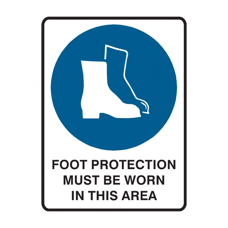 Mandatory Signs - Foot Protection Must Be Worn In This Area, 90mm (W) x 125mm (H), Self Adhesive Vinyl, Pack of 5