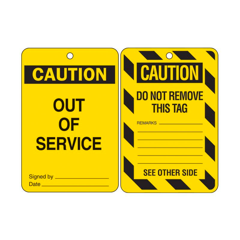ockout Tags - Caution Out Of Service, 100mm (W) x 150mm (H), Polypropylene, Pack of 10 