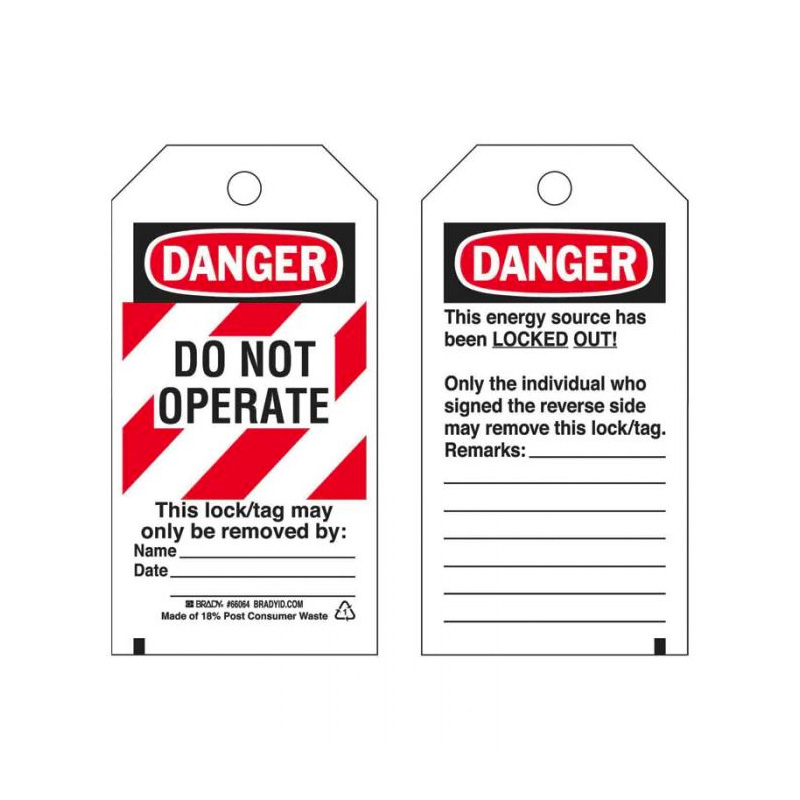 Lockout Tags - Danger Do Not Operate. Reverse Side, 76mm (W) x 140mm (H), Polyester, Red-White Stripe, Pack of 25