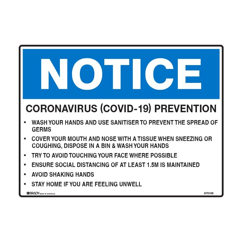 Notice Sign - Workplace Coronavirus Prevention - 450 x 300mm, Poly