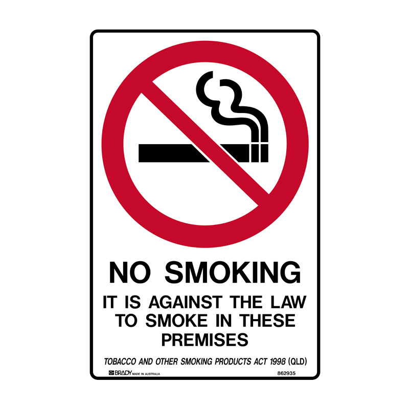 No Smoking Signs - QLD - No Smoking It Is Against The Law To Smoke In This Premises Tobacco & Other Smoking Products ACT 1998, Self-Adhesive Vinyl, 250 x 180mm (H x W)