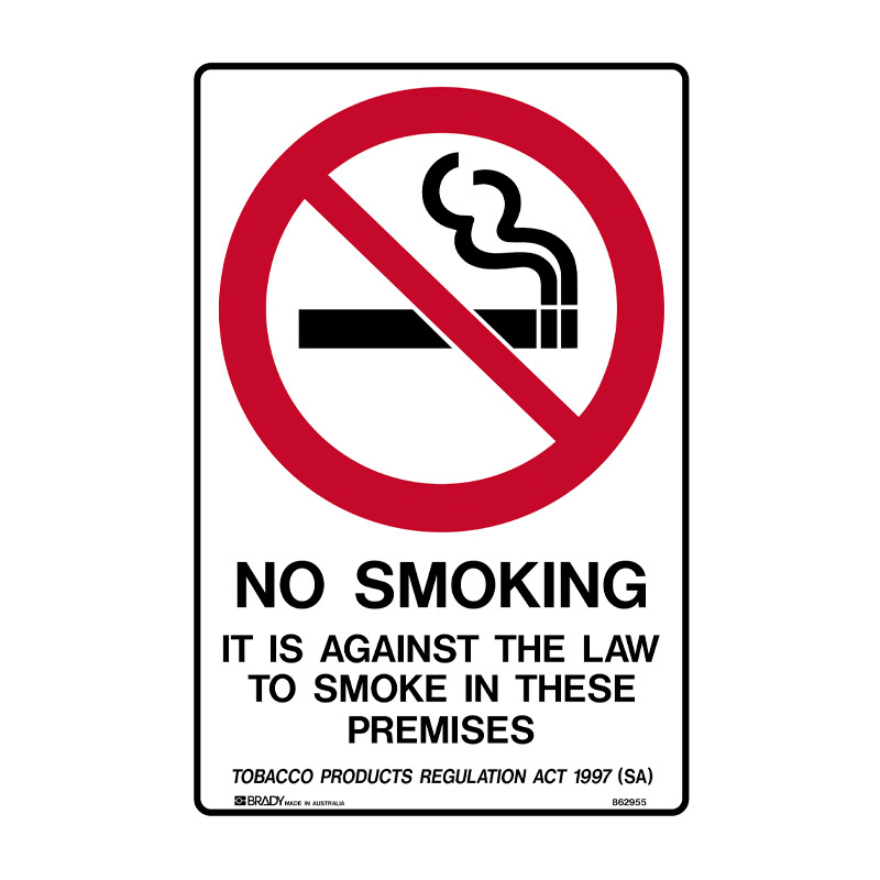 No Smoking Signs - SA - No Smoking It Is Against The Law To Smoke In This Premises Tobacco Products Regulation ACT 1997, Self-Adhesive Vinyl, 250 x 180mm (H x W)