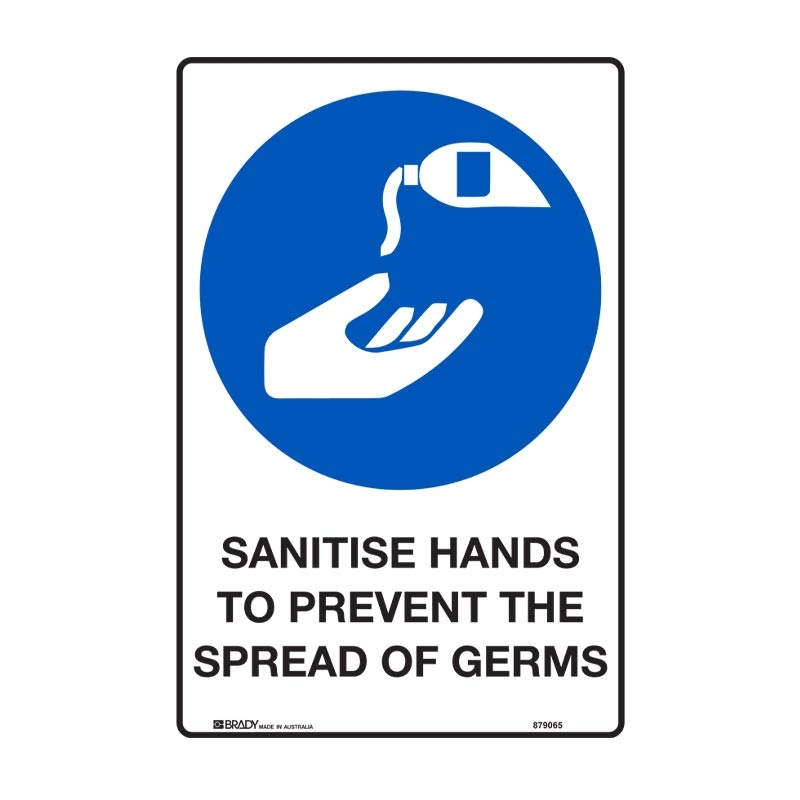 Mandatory Signs - Sanitise Hands To Prevent The Spread Of Germs - 300 x 225mm, Poly