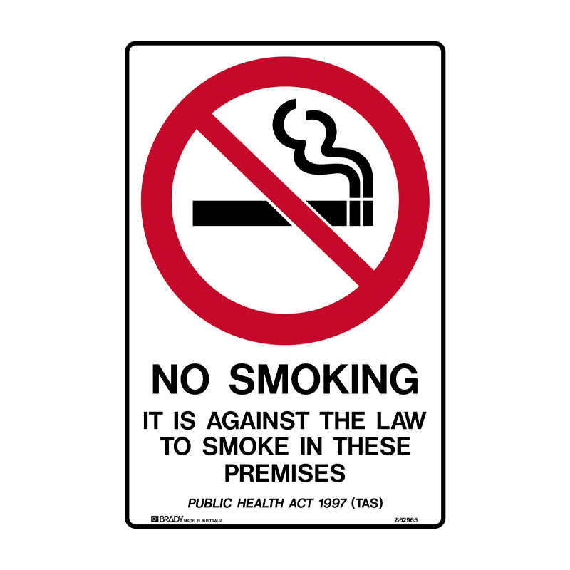 No Smoking Signs - TAS - No Smoking It Is Against The Law To Smoke In This Premises Public Health ACT 1997, Self-Adhesive Vinyl, 250 x 180mm (H x W)