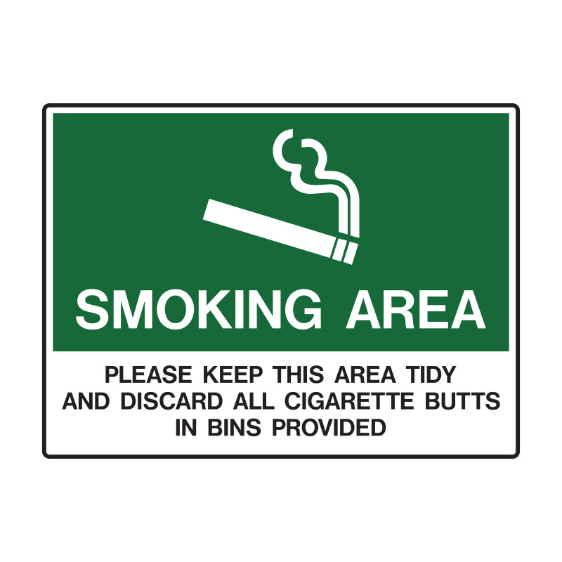 No Smoking Signs - Smoking Area Please Keep This Area Tidy And Discard All Cigarette Butts In Bins Provided, 600mm (W) x 450mm (H), Polypropylene