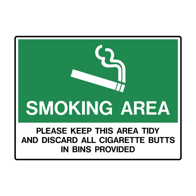 No Smoking Signs - Smoking Area Please Keep This Area Tidy And Discard All Cigarette Butts In Bins Provided, 600mm (W) x 450mm (H), Metal
