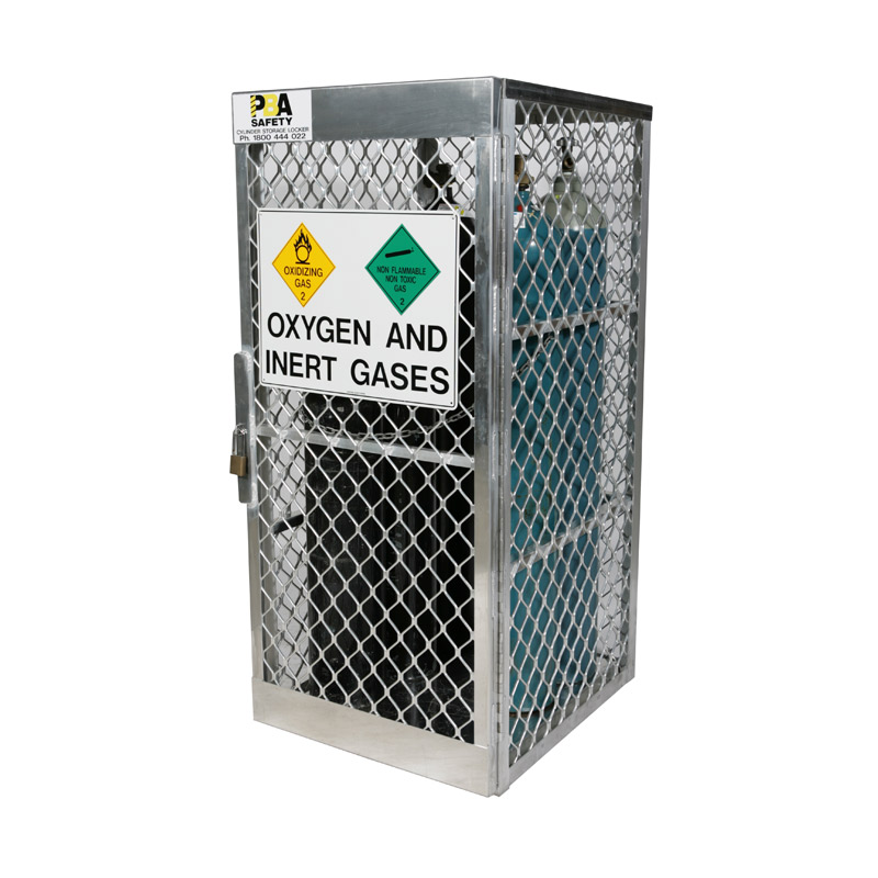 Aluminium Cylinder Lockers, 5-10 Cylinder Vertical Locker with Oxygen & Inert Gases Sign