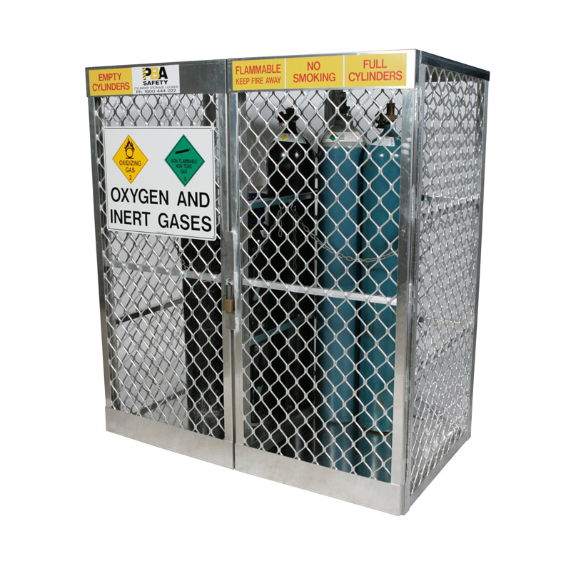 Aluminium Cylinder Lockers, 10-20 Cylinder Storage with Oxygen & Gases Sign