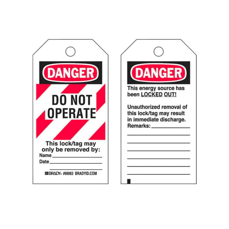 Lockout Tags - Do Not Operate, Reverse-side, 76mm (W) x 140mm (H), Heavy-Duty Polyester, Red-White Stripe, Pack of 100